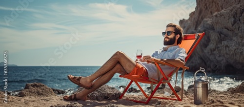 Millennial man enjoying outdoor leisure by the ocean resting in a camping chair drinking soda