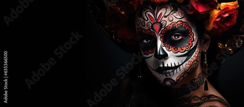 Dia de Los Muertos symbol Scary girl with Calavera Catrina make up on black background Halloween