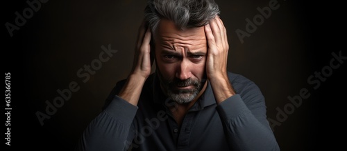 Middle aged man feeling stressed and scared hands on head Concept photo