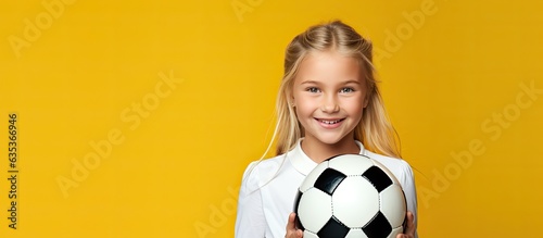Blonde Caucasian girl holding soccer ball on yellow background kids football concept