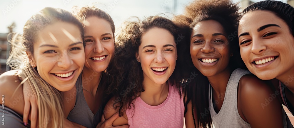 Fototapeta premium Female friends diverse and joyful wear sports attire unite at a basketball court space to add text Sport activity friendship and lifestyle remain unchange