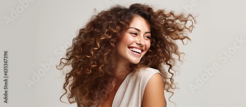 Happy girl with curly hair white background summer fashion beauty joy