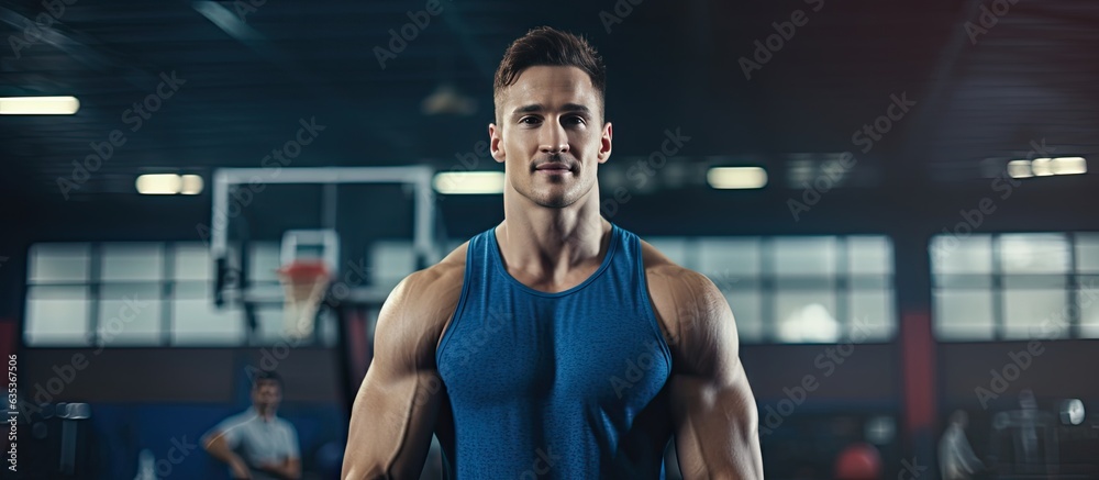Portrait of content white male basketball player in blue athletic attire at gym Recreation exercise and way of life unchanged empty area Portrait of content white male basketball player in blue athletic attire at gym Recreation exercise and way of life unchanged empty area
