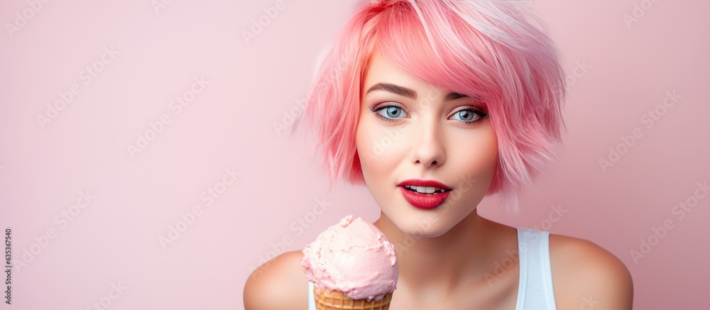 Pink haired girl with a wide smile holds pink ice cream cone on pink background suggesting deliciousness ample room for text Pink haired girl with a wide smile holds pink ice cream cone on pink background suggesting deliciousness ample room for text