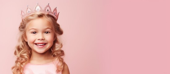 Smiling girl in princess dress posing with birthday banner in studio