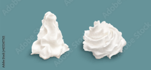 3d white isolated cake cream ice whip swirl vector. Soft vanilla foam decoration for pie food or cupcake. Sweet frozen realistic whipped butter mousse curl top pack. Decorating confectionery twirl