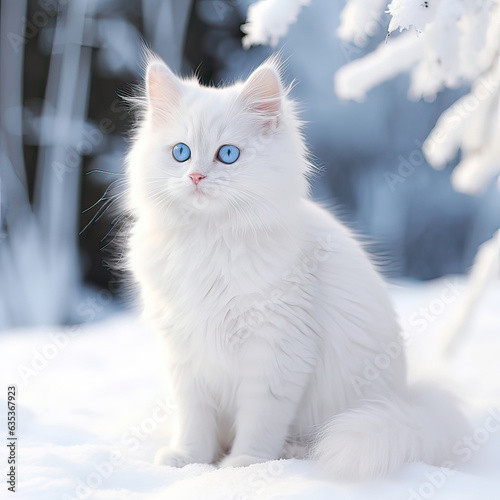 A cat as white as snow, cute picture of white cat with blue eyes and big tail © chinh