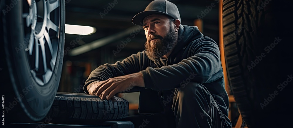 A car mechanic with a beard checks tire pressure in a garage