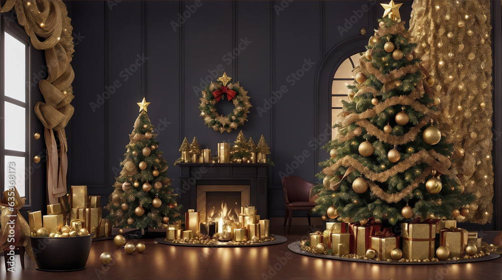 A majestic black and gold Christmas scene, with a flurry of holiday ornaments