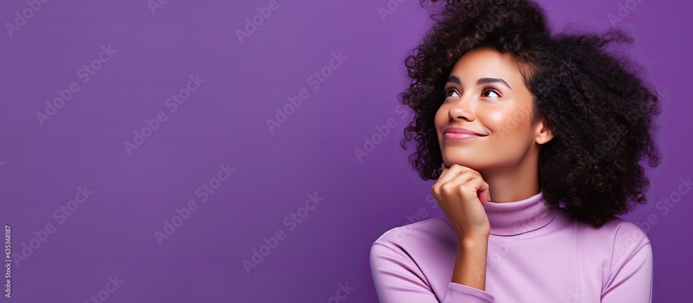 Thoughtful woman on purple background contemplates decision evaluates advertisement - obrazy, fototapety, plakaty 