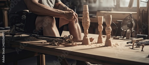 Senior craftsman crafting leg prosthetics in workshop close up shot blank area for text