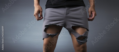 Asian man displaying torn black pants with exposed buttock on grey background suitable for copy space
