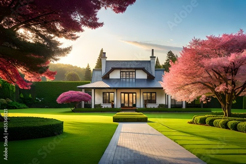 front yard beautifully designed garden with flowers and green grass, Modern house with beautiful landscaped front yard