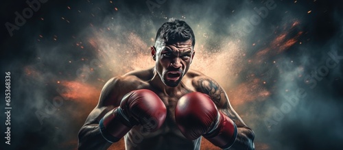 Muay Thai boxer fighting with gloves smoke and sparks in isolated background with copy space © HN Works