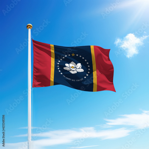 Waving flag of Mississippi is a state of United States on flagpole