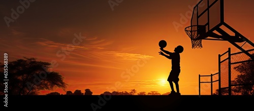 Teen male playing basketball at sunset shadow with space for text