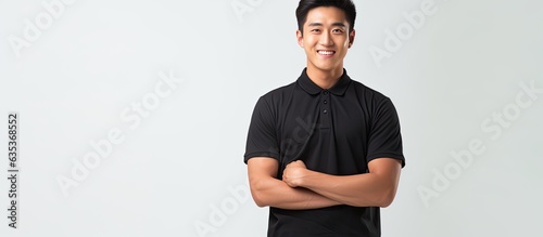Asian man with black polo smiling hand on waist white backdrop with copy space on palm photo