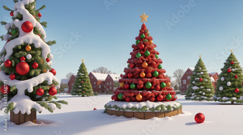 A festive holiday scene with a snow-covered landscape, a bright red and green Christmas tree