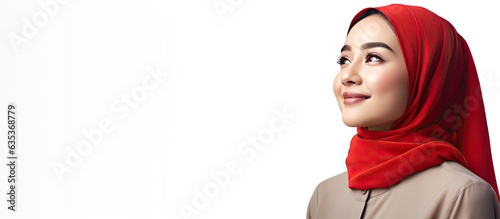 A young woman dressed in hijab and red top gazes at an idea on white background Indonesia s Independence Day photo