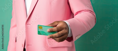 Unidentified person uses contactless payment with NFC on pink background Modern banking and finance