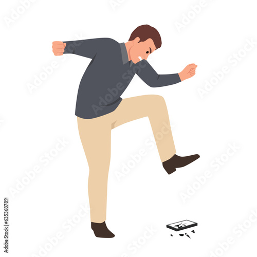 Angry businessman throwing his mobile phone. Flat vector illustration isolated on white background