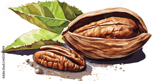 Shelled and cracked pecan nuts with leaves close-up on white background