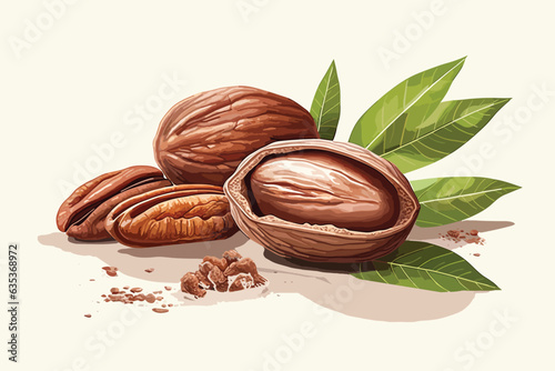Shelled and cracked pecan nuts with leaves close-up on white background