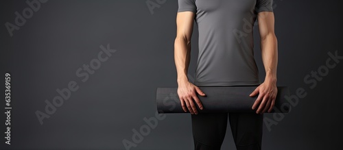 Canvas Print Slim fit model in sportswear holding yoga mat standing isolated on gray backgrou