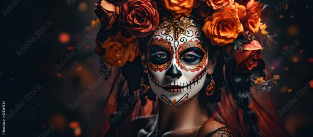 Dia de Los Muertos symbol Scary girl with Calavera Catrina make up on black background Halloween