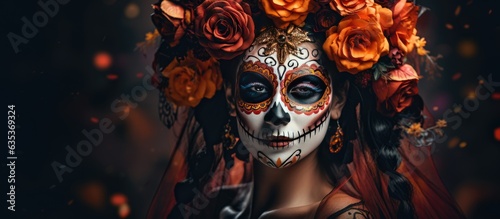 Dia de Los Muertos symbol Scary girl with Calavera Catrina make up on black background Halloween photo
