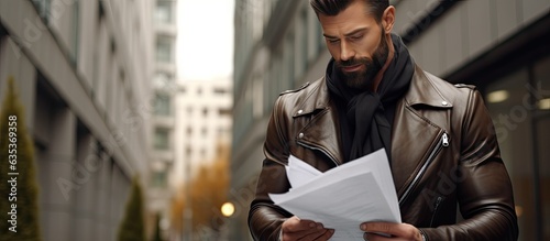 Successful businessman in leather jacket observing documents outside office empty space for copy