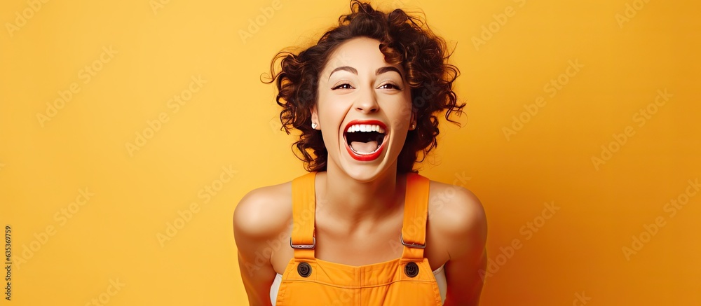 Middle aged woman joyfully poses in orange overalls with bright makeup against a yellow background displaying lively movements and leaving room for text