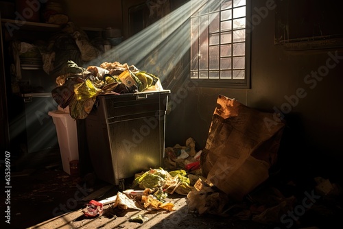 garbage bin in an abandoned house at night with rays of light, A powerful image capturing the scene of a food-wasting dumpster, where trash and debris clings to the walls and floors, AI Generated