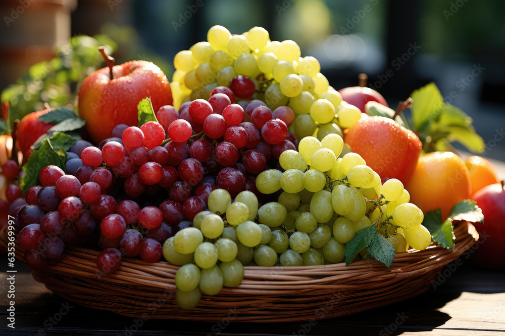 Close-up of a basket filled with colorful seasonal fruits, representing a concept of healthy food, lifestyle, dieting, weight loss, and overall body care. Generative Ai. Close-up of a basket filled with colorful seasonal fruits, representing a concept of healthy food, lifestyle, dieting, weight loss, and overall body care. Generative Ai.
