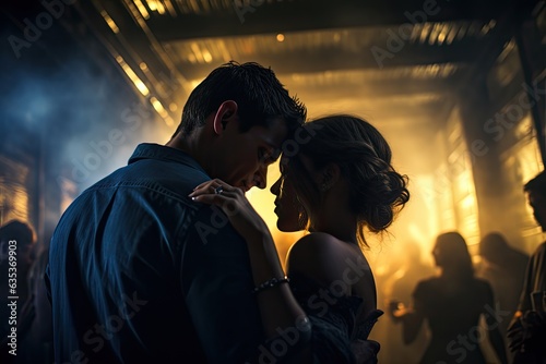 Young couple in love kissing and embracing on the background of the night city, abandoned nightclub filled with an array of patrons, including a couple having a passionate embrace, AI Generated
