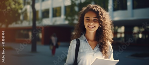 Happy young student posing outdoors near college building with backpack and books enjoying educational programs and studentship copy space available photo