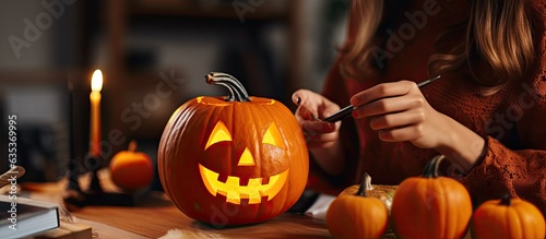 White woman in orange sweater creating content by demonstrating with a black marker how to draw and decorate a Halloween pumpkin focusing on crafts with a