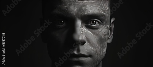 Closeup black and white portrait of a man with acne scars isolated on a black background