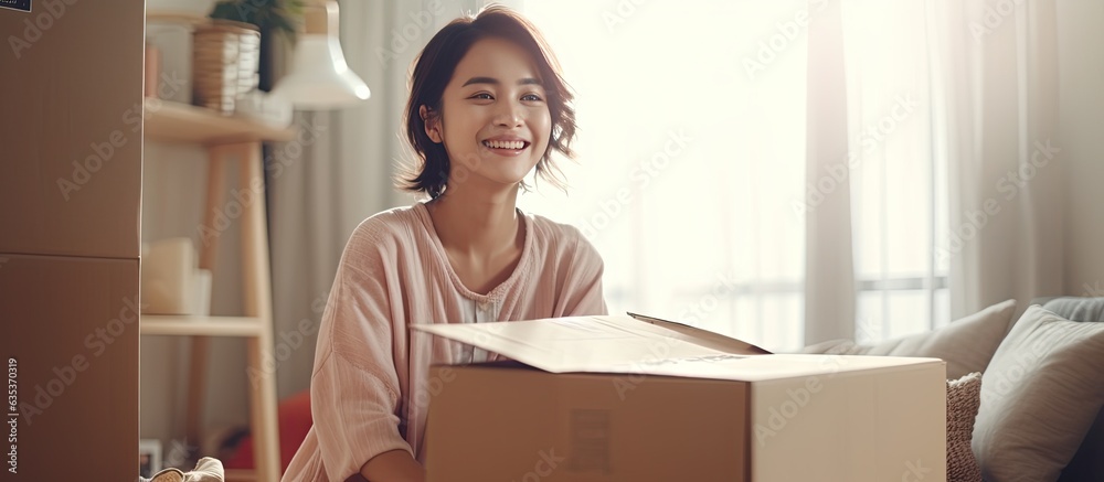 Woman with short hair happily unpacking in cozy bedroom of new home with window and empty space Woman with short hair happily unpacking in cozy bedroom of new home with window and empty space