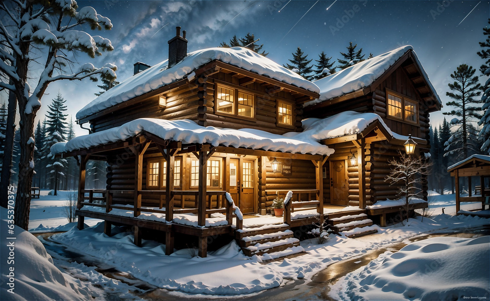 A house in the woods amid the snow-covered fir trees, Christmas landscape. Winter nature.