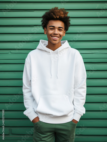 Sweatshirt mockup, African-American teenager wearing blank white hoodie stands in front of green wall looking and camera and smiling, teen apparel mockup with no print or label, kids fashion