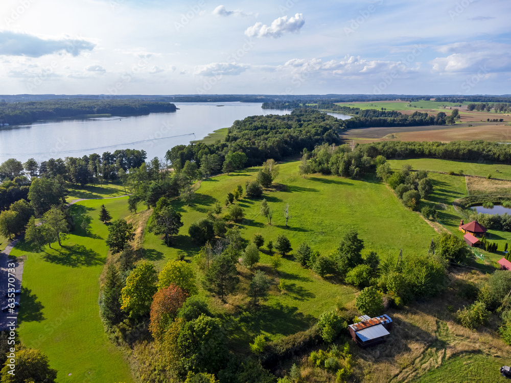 Aerial View from above. Boat dock, view of the lake and forests and nature