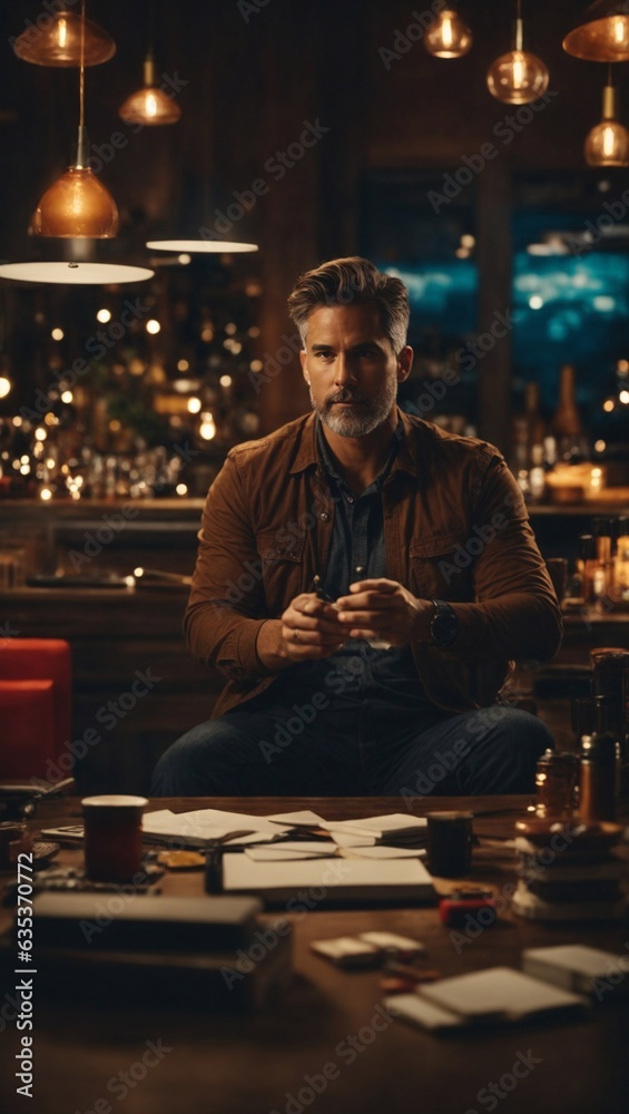 A man sitting at a table in a dimly lit room A man sitting at a table in a dimly lit room