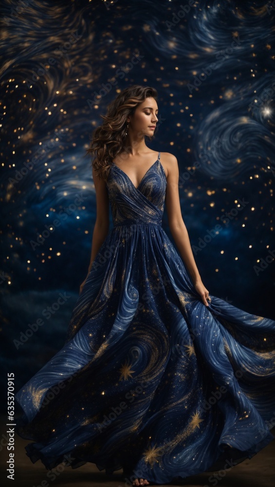 A woman in a blue dress standing in front of stars A woman in a blue dress standing in front of stars