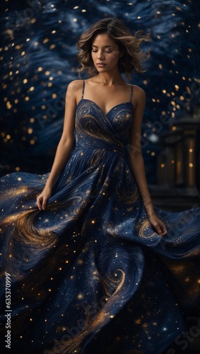 A woman in a blue dress against a starry night sky