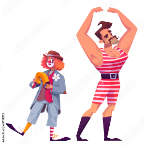 Circus cartoon character - vector carnival or theater artists performing funny show. Clown with painted face, ruddy wig and red nose playing harmonica. Large strongman in striped costume with mustache