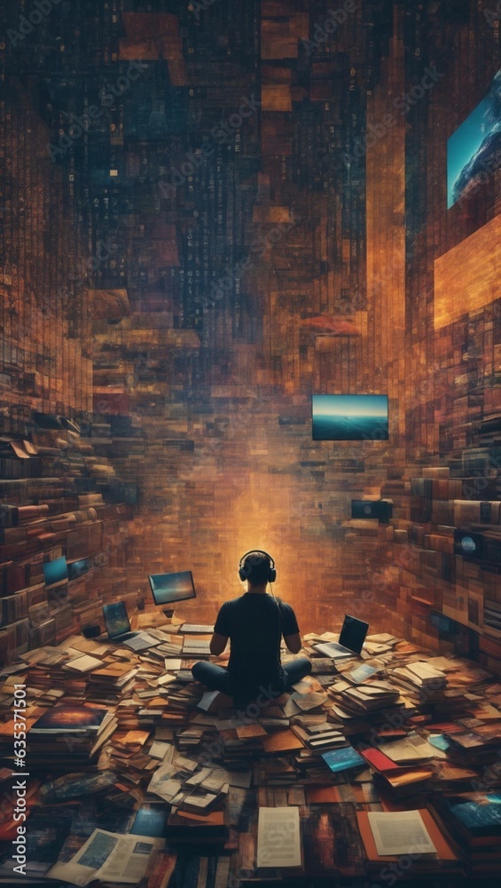 Fototapeta premium A person immersed in a room filled with books, embracing the joy of reading and knowledge