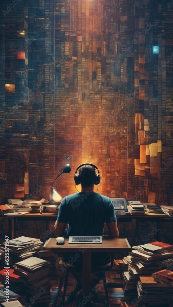 A man working at a desk with headphones on A man working at a desk with headphones on