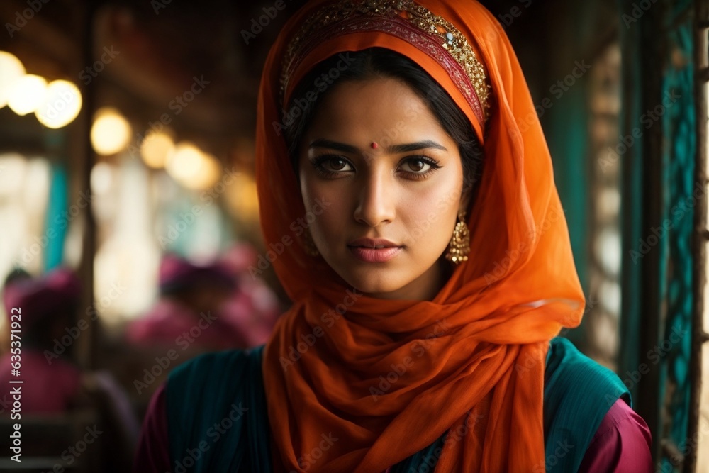 A woman wearing a headscarf looking directly at the camera