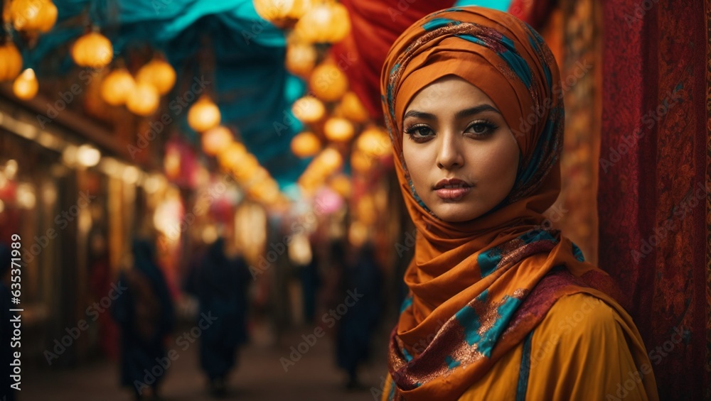 A woman wearing a headscarf in a bustling city street